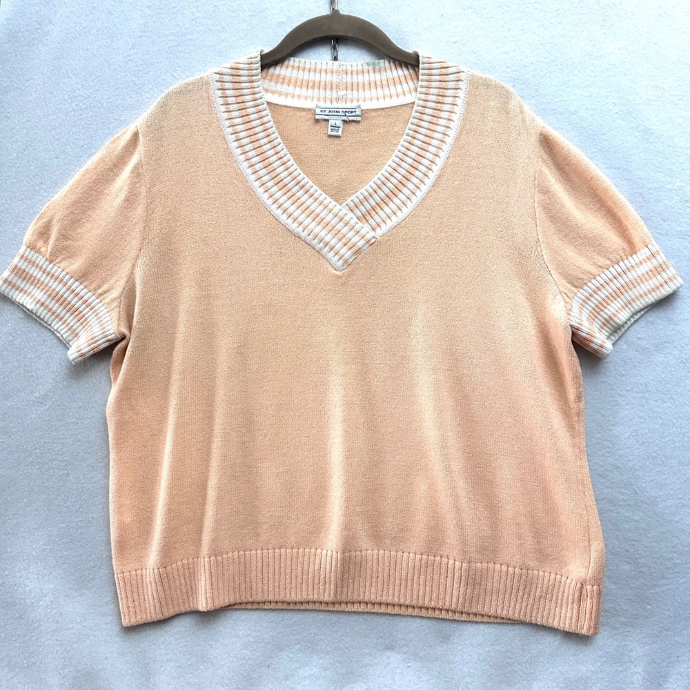 St John Sport L Peach Wool Blend Short Sleeve V-Neck Striped Knit Sweater Large